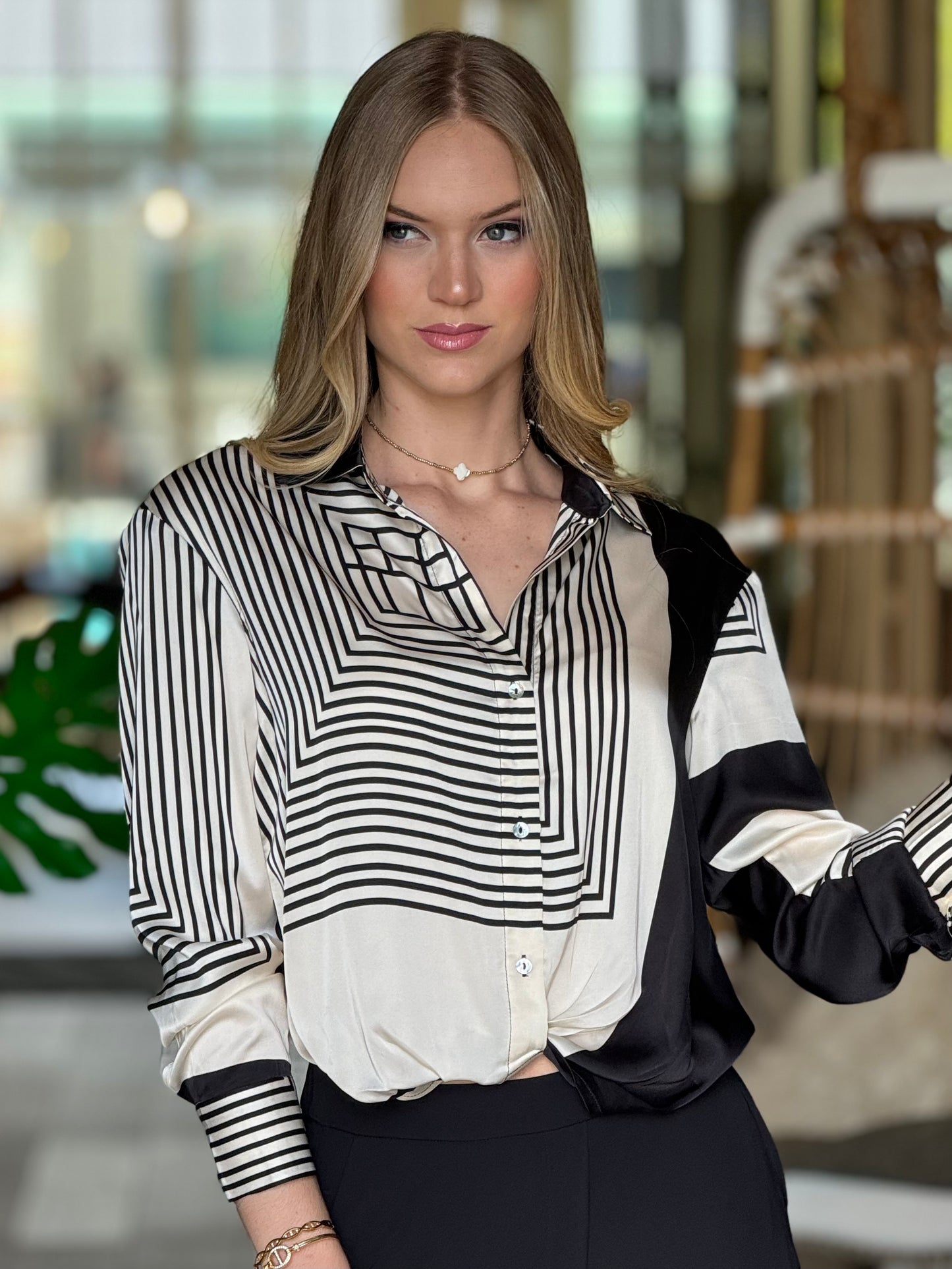 Ovianca Beige/Black Satin Shirt