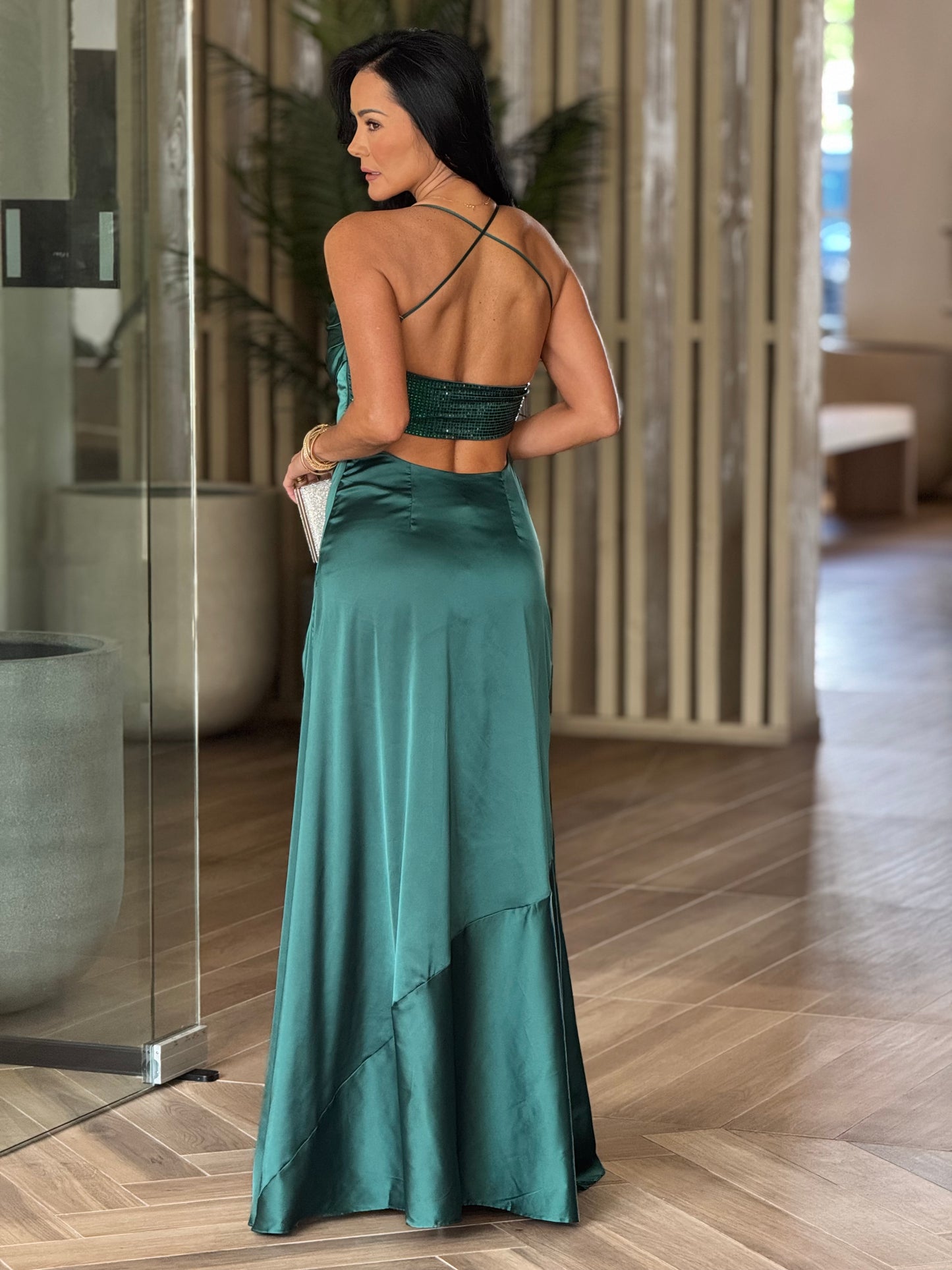 Norkys Green Rhinestone Satin Dress Gala