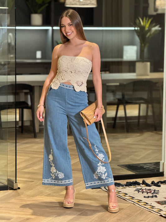 Romy Denim/White Embroidery Pants