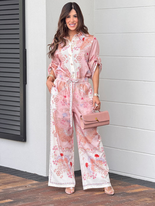 Gardenia Pink Floral Print Pants Set