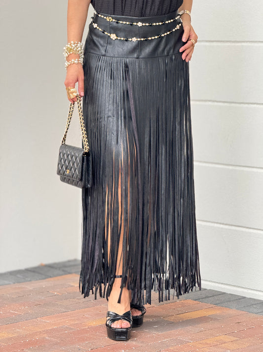 Cactus Black Leather Fringe Skirt
