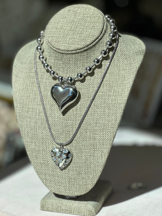 Chunky Silver Hearts Necklace