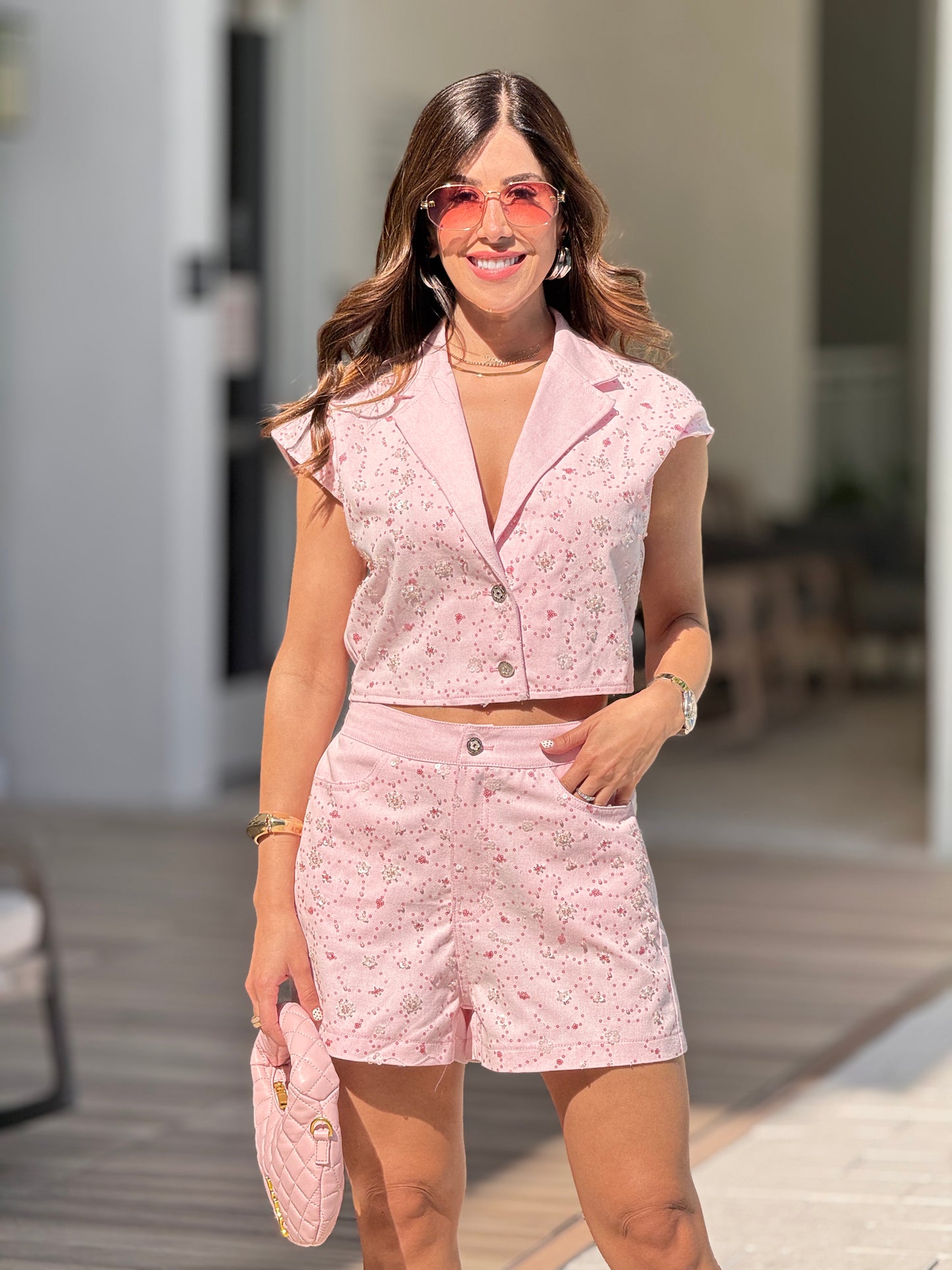 Erika Pink Embellished Denim Short Set
