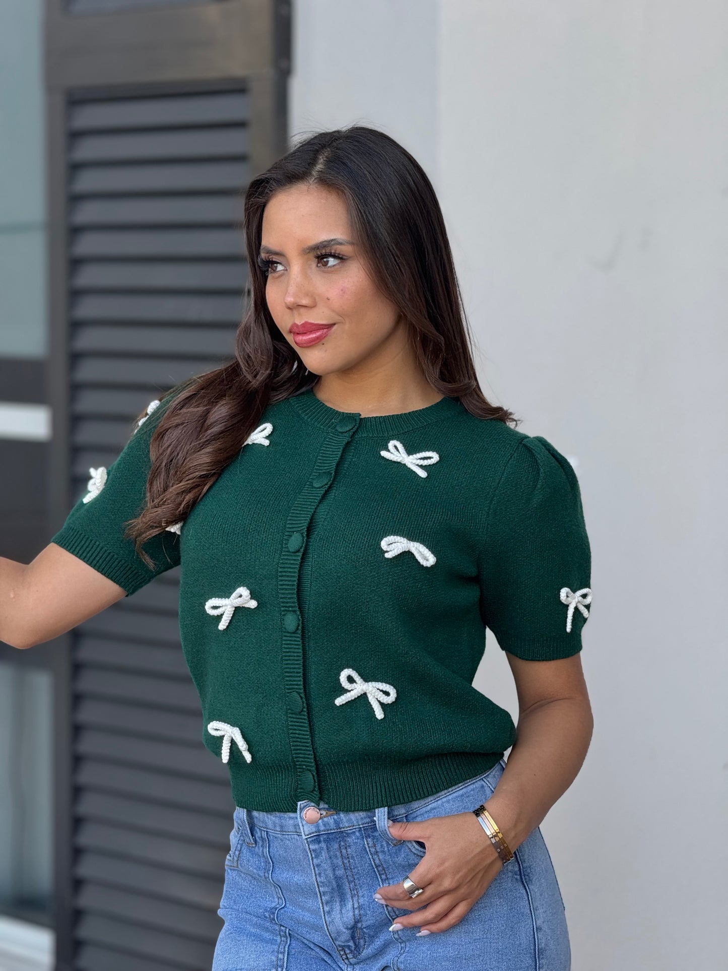 Snowy Green Bow knitted top