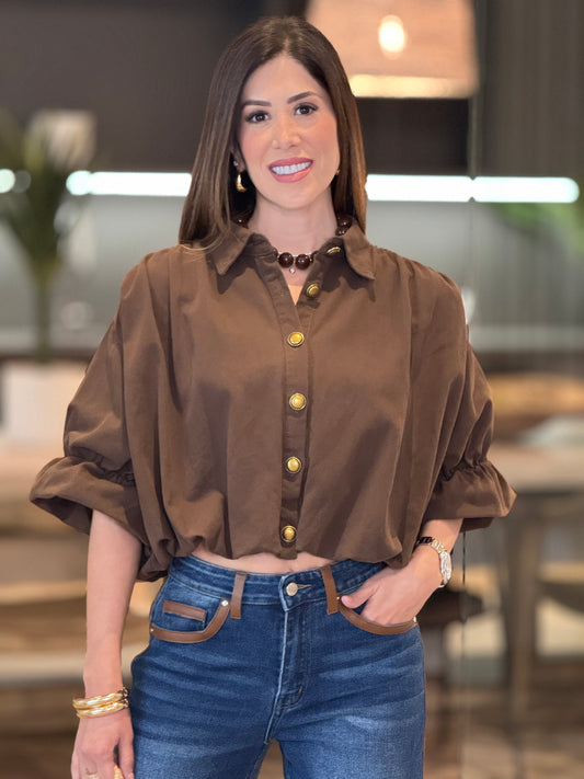 Itoo Brown Puffy Denim Top