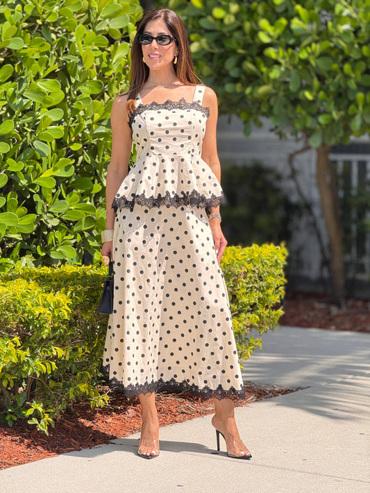 Chic B&W Polka Dots Midi Skirt Set