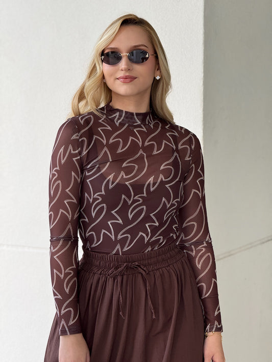 Howdy Brown Print Mesh Top