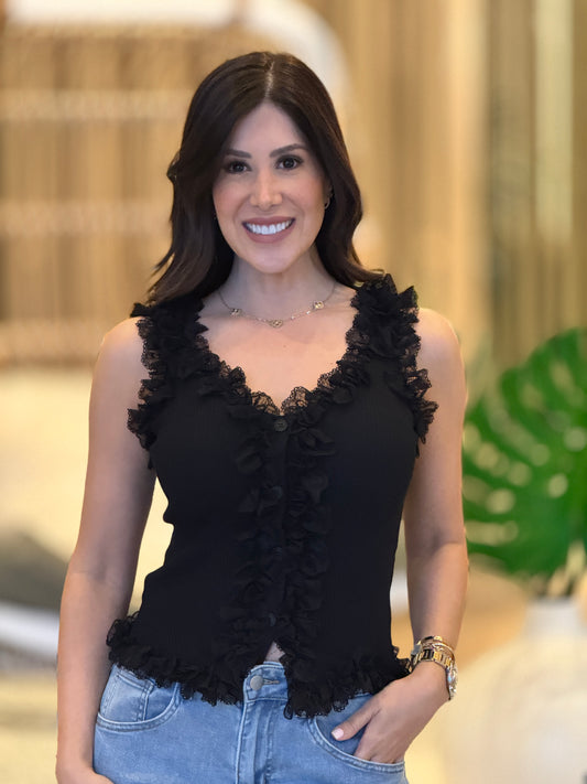 Gaia Black Ruffle Lace Top