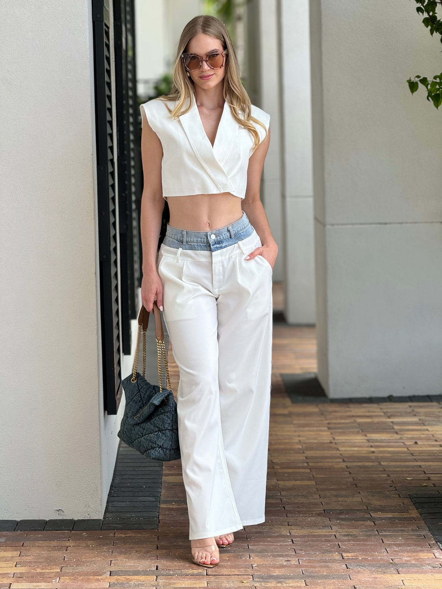 Oriana White Denim Waistband Vest+Pants Set