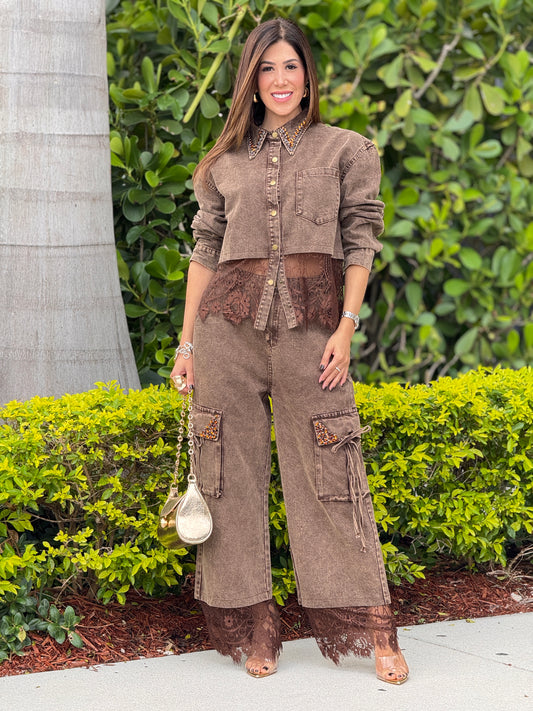 More Brown Rhinestone Collar Denim Set
