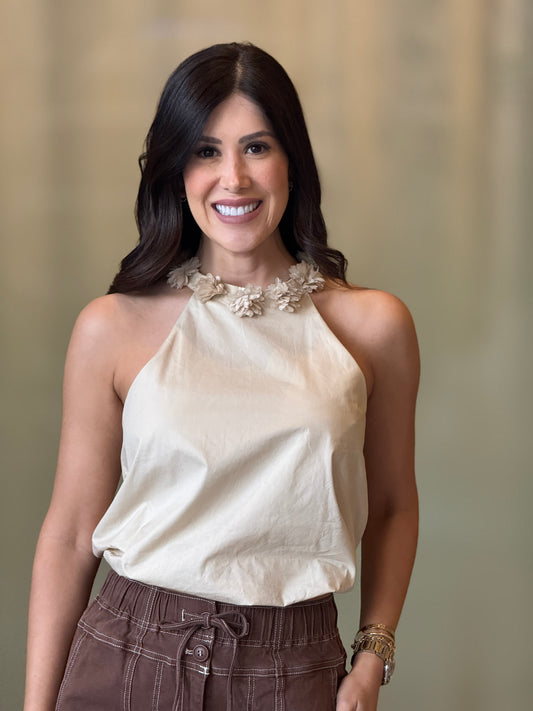Lalavon Beige Flowers Halter Top