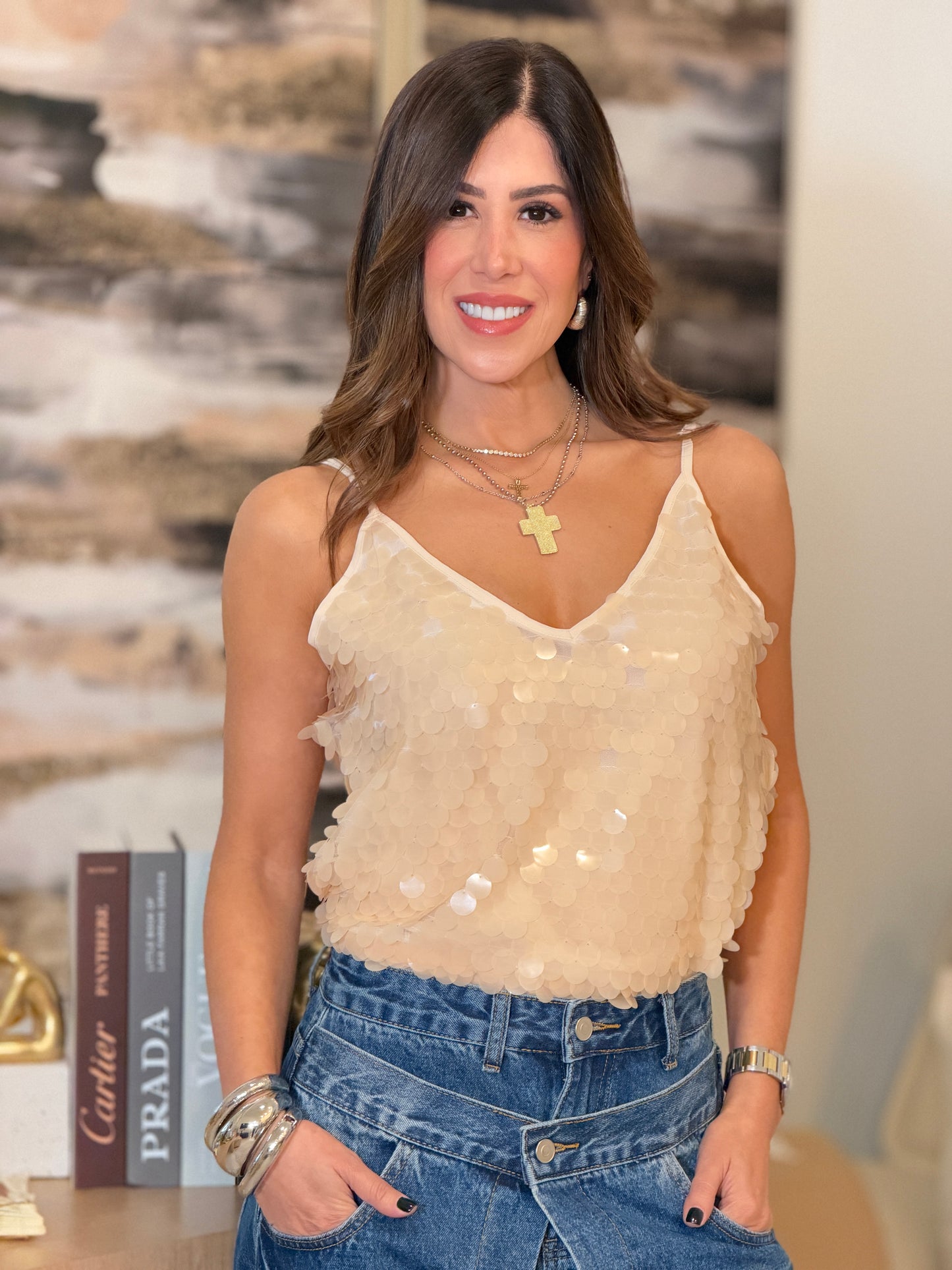 9052 Itoo Beige Sequin Top