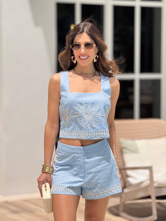 Milka Blue Sun Embroidery Short Set