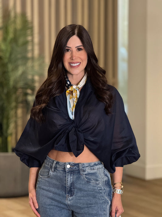 Italian Navy Sheer Knotted Blouse