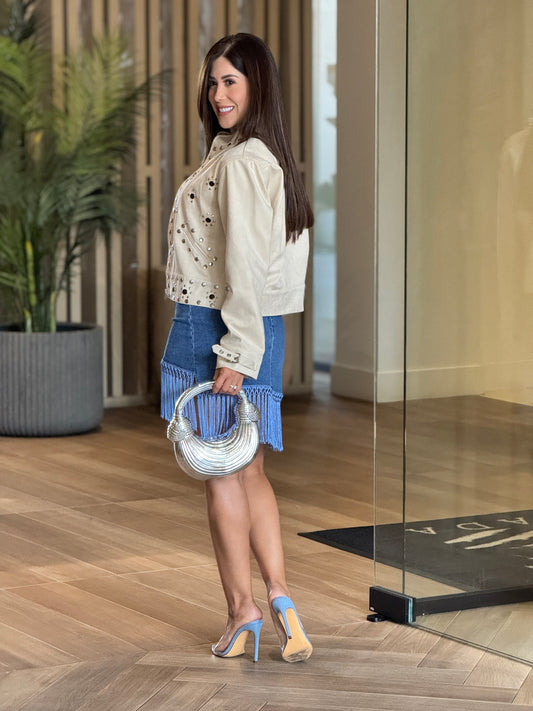 Omaha Beige Studs Leather Jacket Top