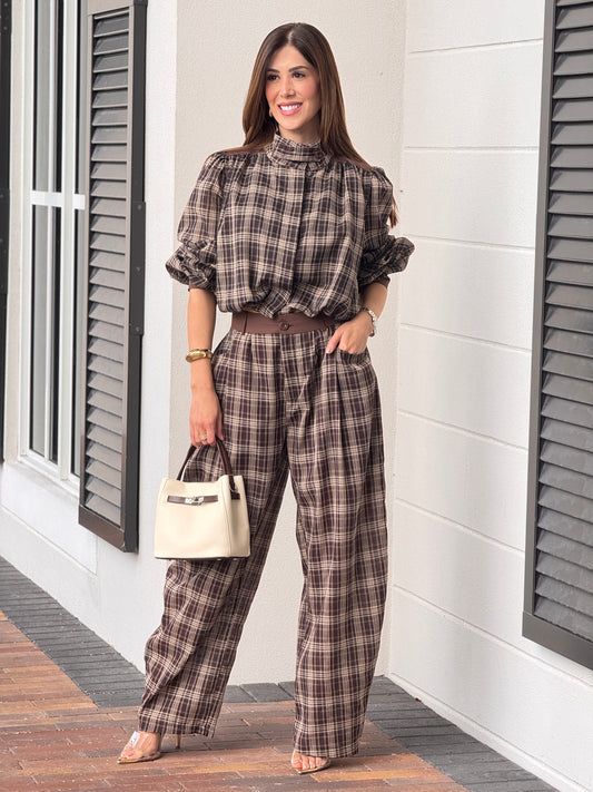 Tennie Brown Plaid Bomber Set