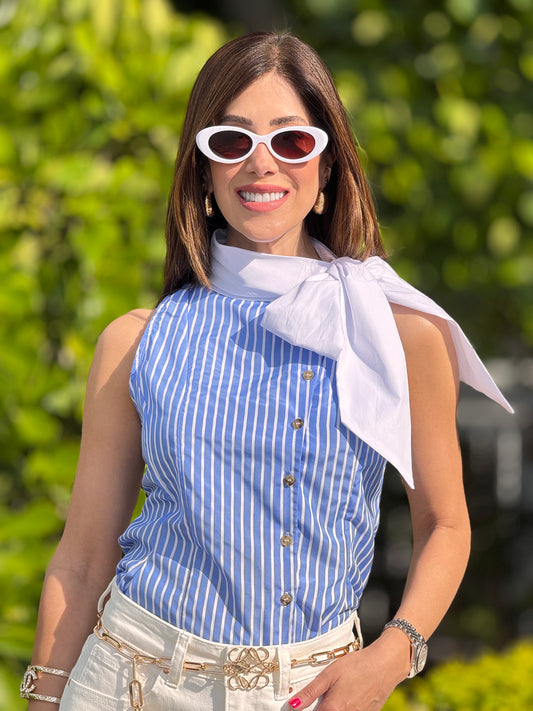 Perky Blue/White Lines Collar Shirt Top