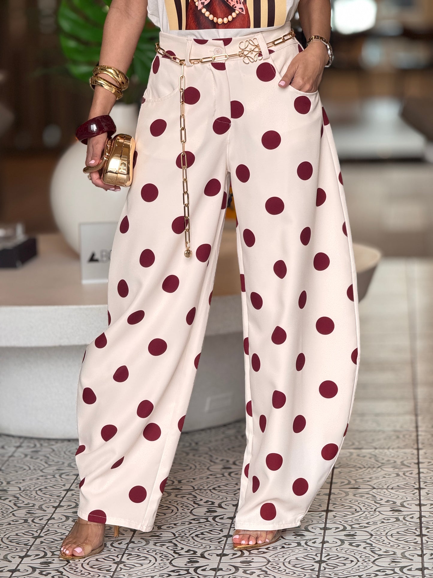 Itoo White/Burgundy Polka Dots Pants
