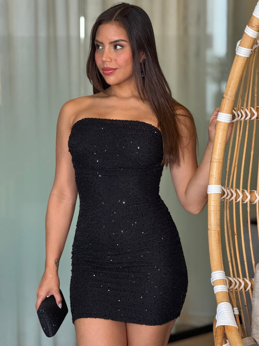 Melanie Black Rhinestone Strapless Dress Gala