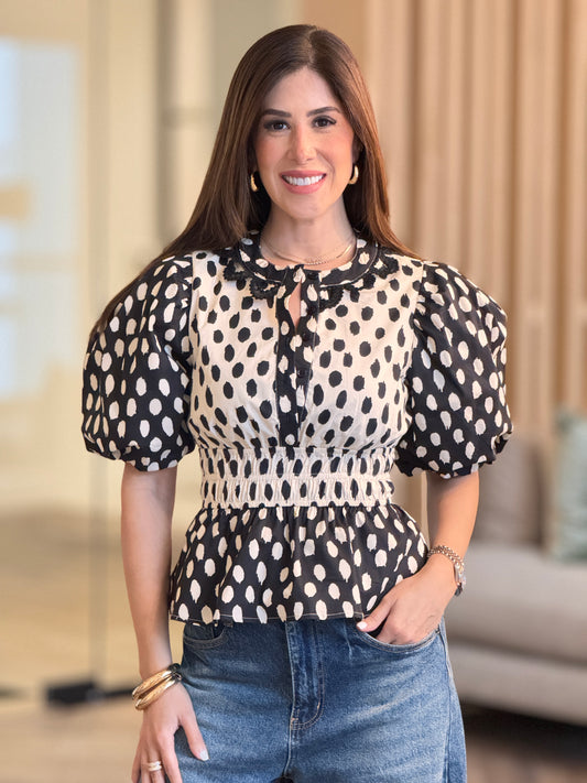 Strut Ivory/Black Polka Dots Peplum Top
