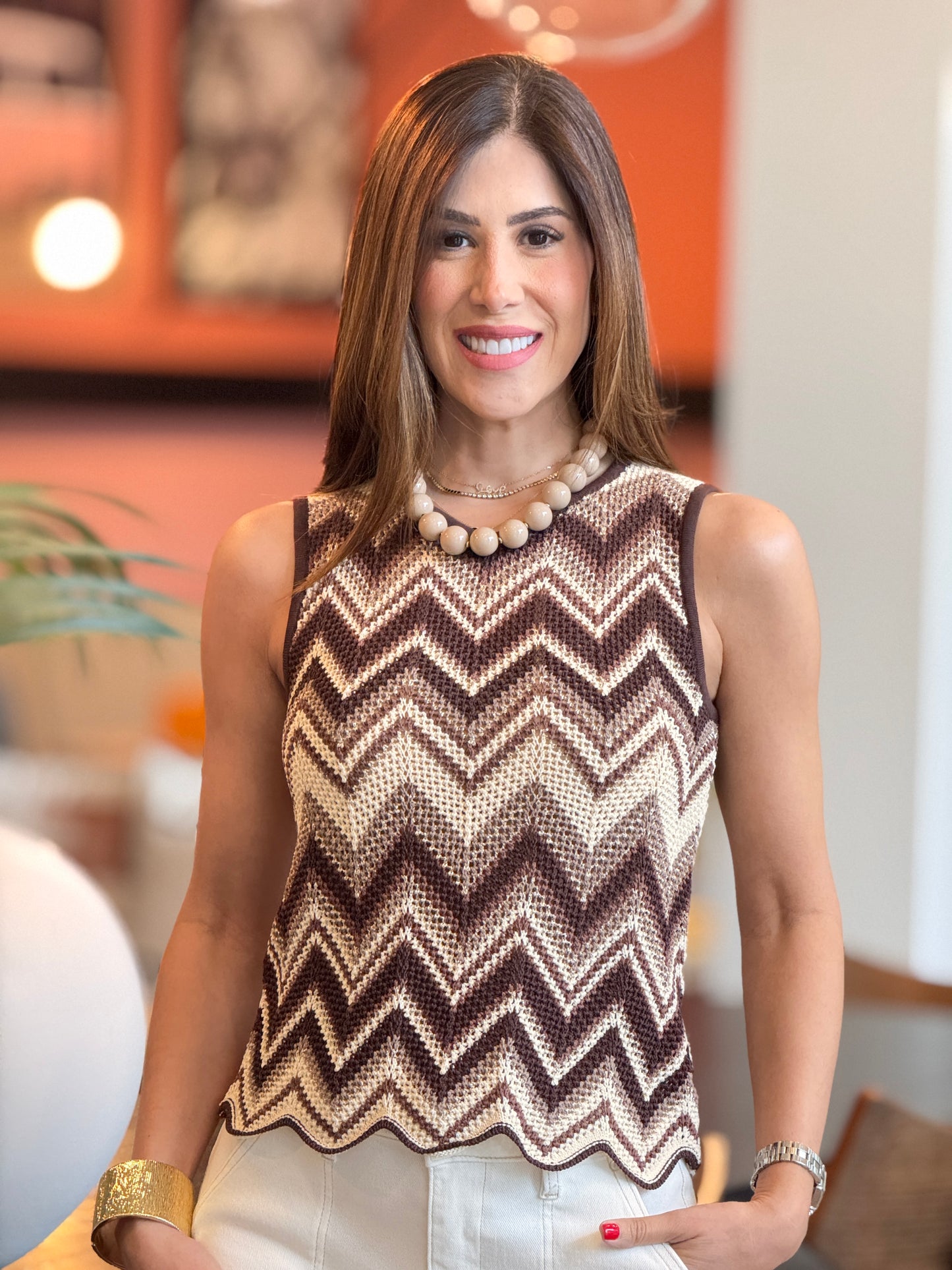 Creme Brown/Ivory Zigzag Top