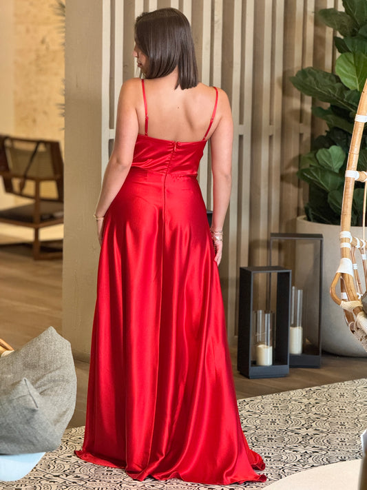 Clarise Red Rhinestone Satin Dress Gala