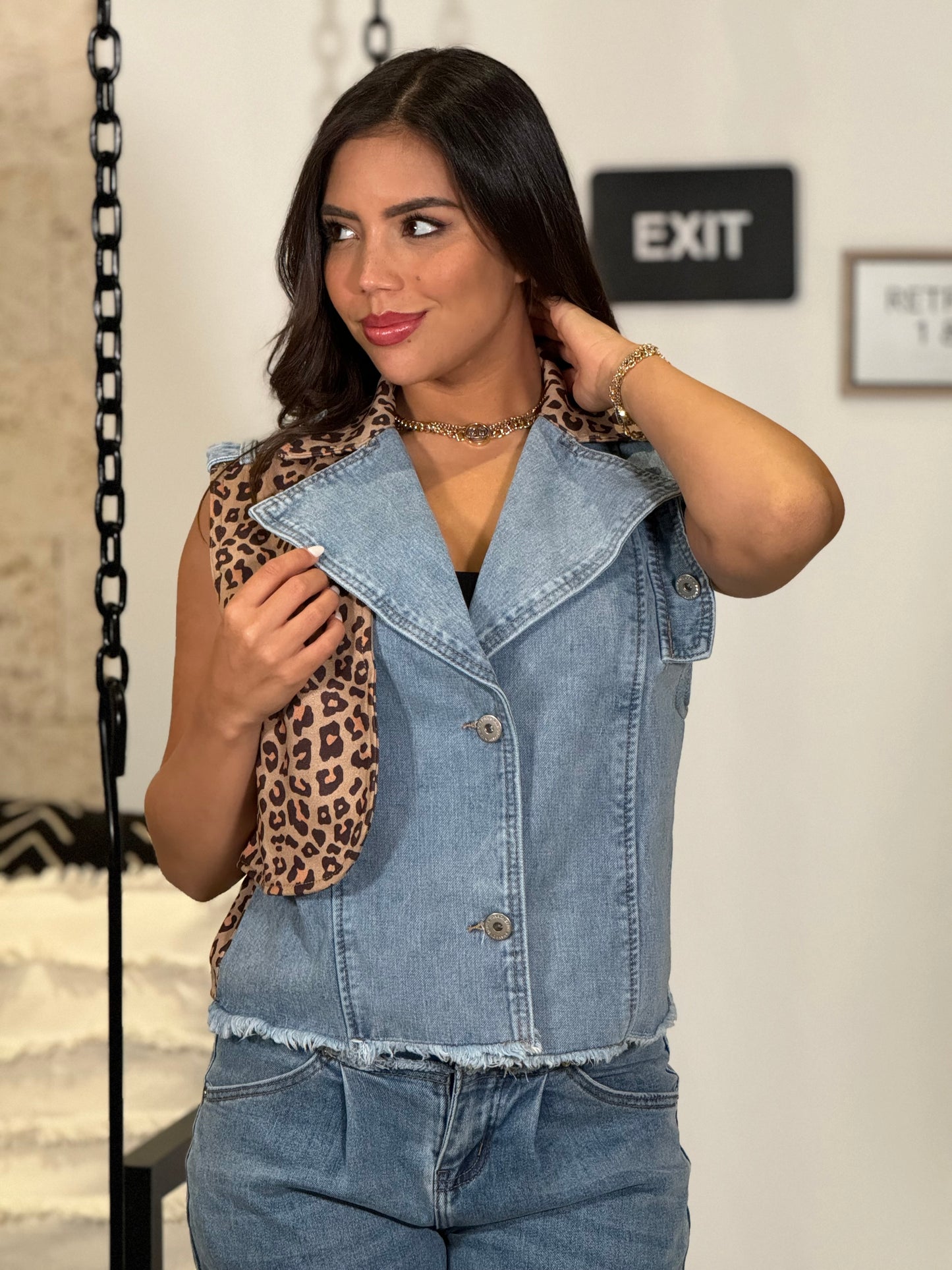 Candy Leopard Denim Vest Top