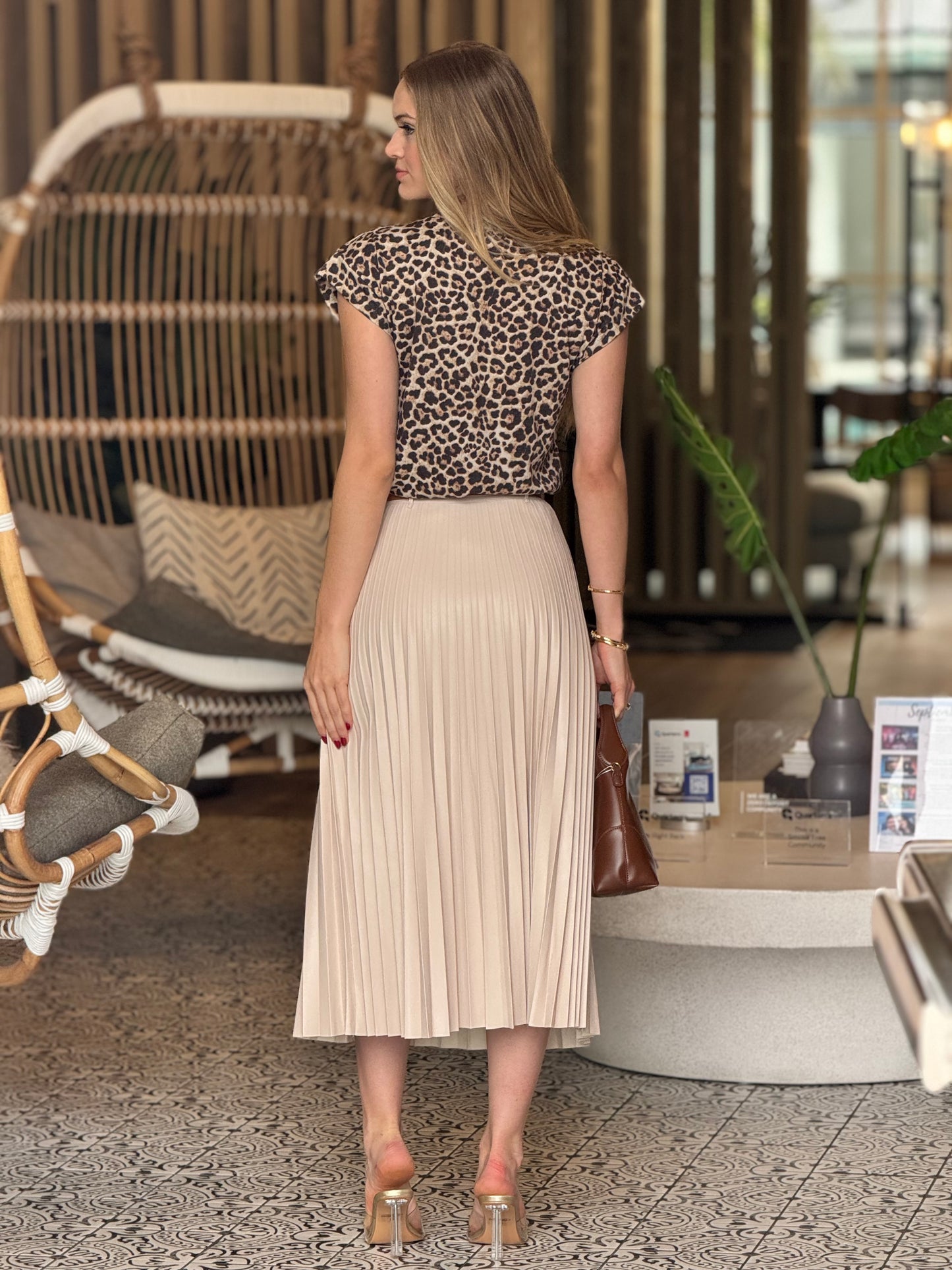 Addison Beige Pleated Leather Skirt