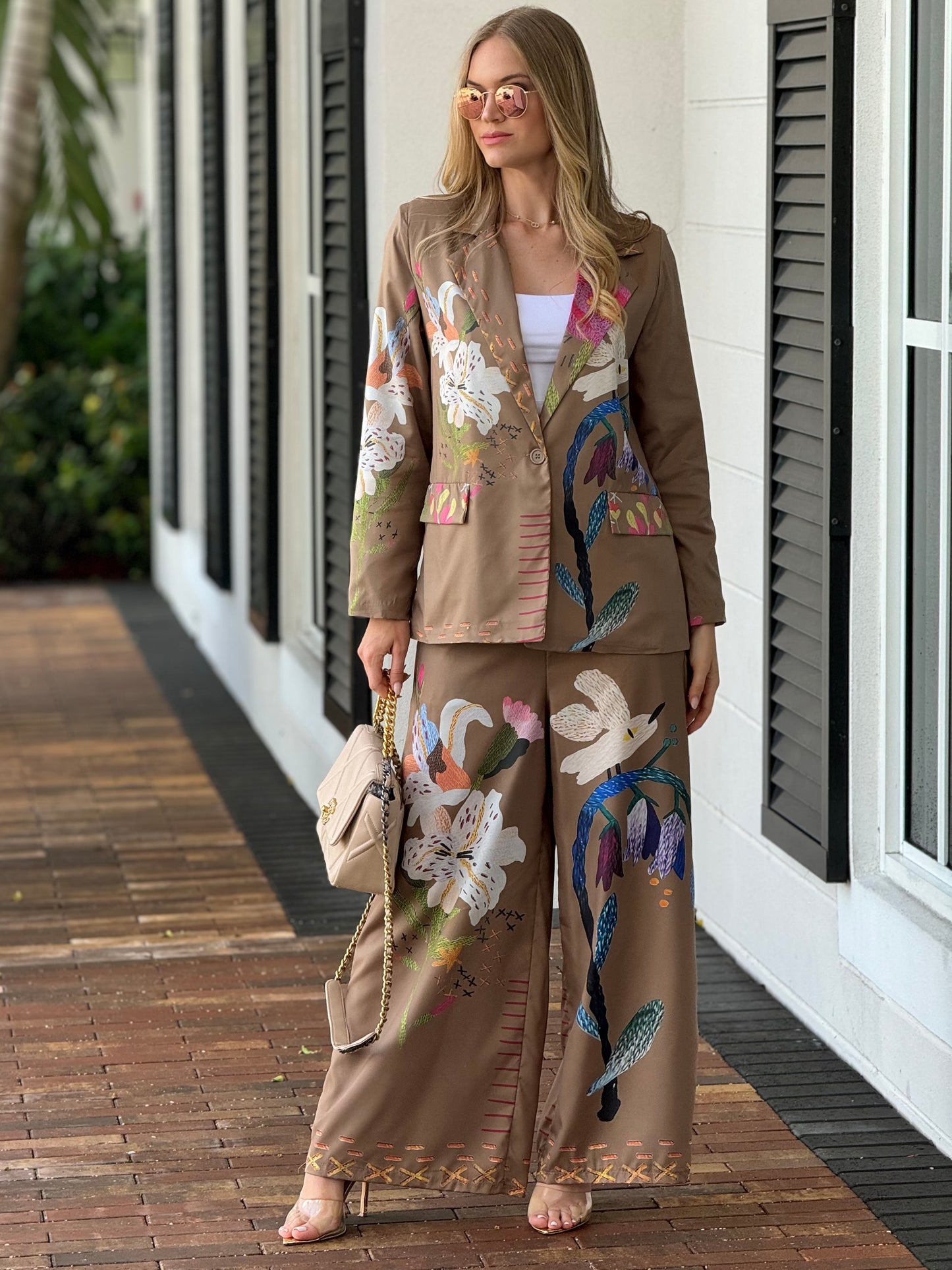 Orquídea Camel Floral Blazer Italian Set