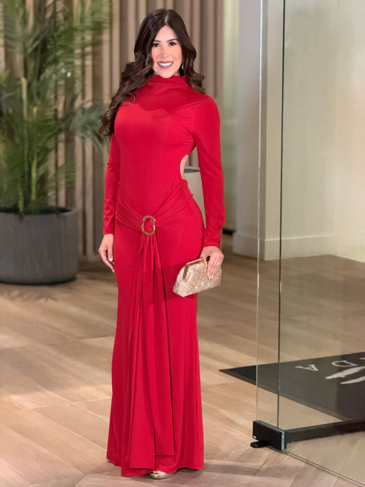Alissa Red Lycra Long Sleeve Dress Gala