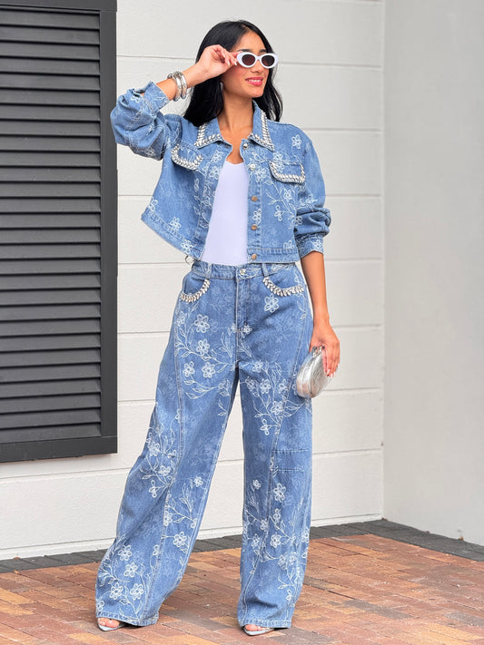 Perky Denim Floral Print Stones Collar Set