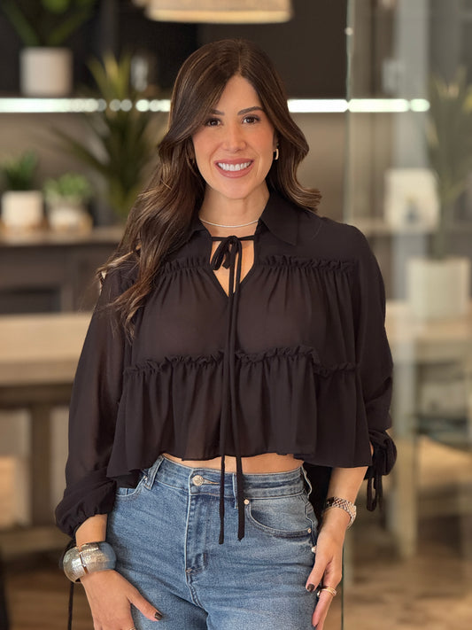 Balbina Black Ruffle Blouse