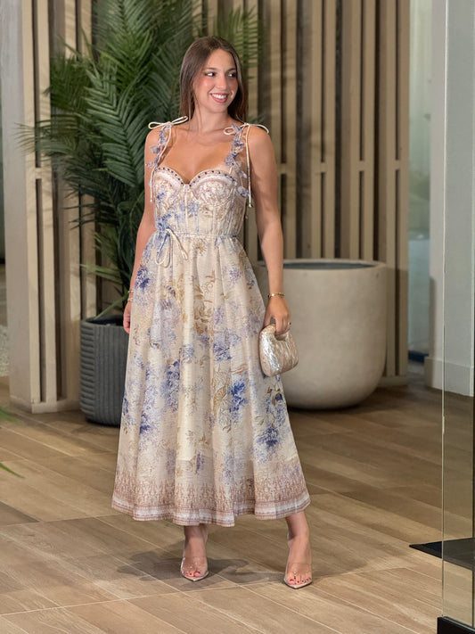 Gardenia Beige/Blue Bustier Floral Dress