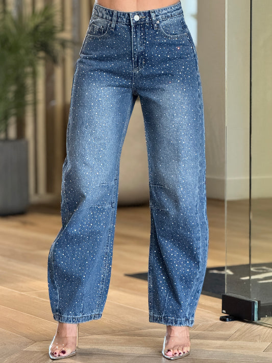 Kiwi Denim Rhinestone Barrel Jeans