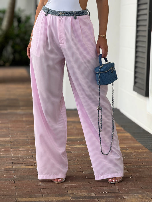 Mimosa Pink Lines Denim Waistband Pants