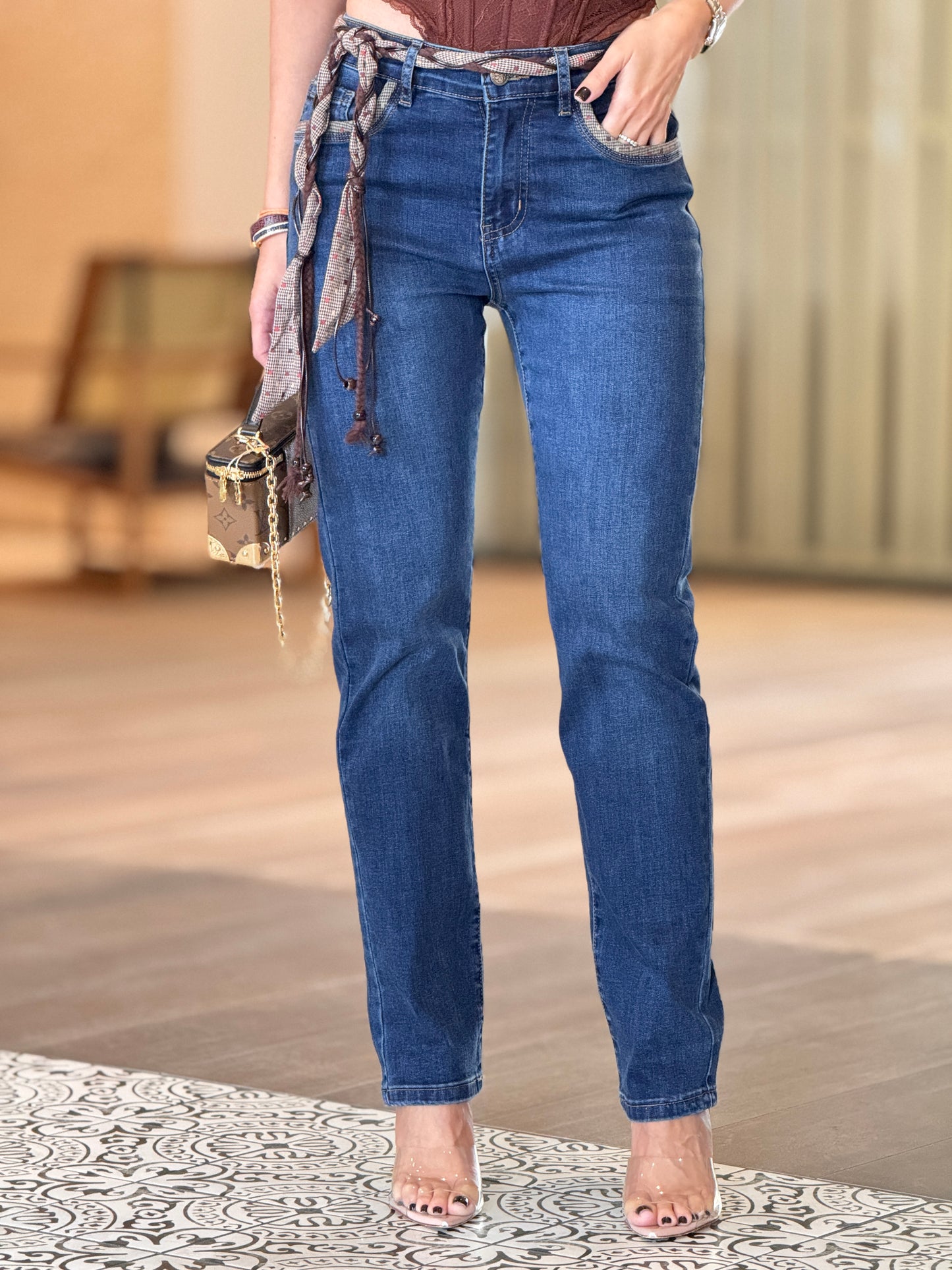 French Dark Denim Belt Print Jeans