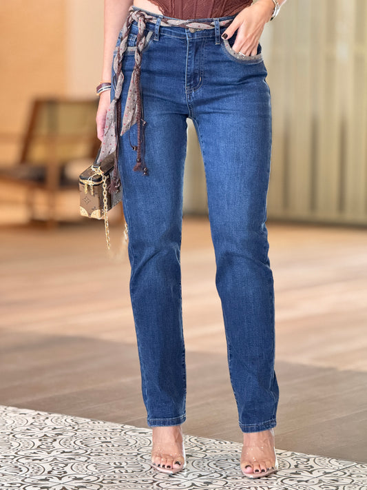 French Dark Denim Belt Print Jeans