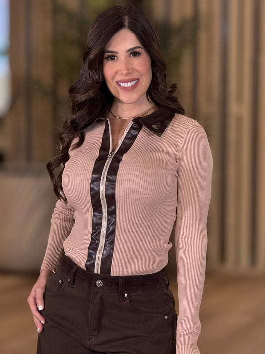 Gaia Beige/Brown Leather Collar Knitted Top