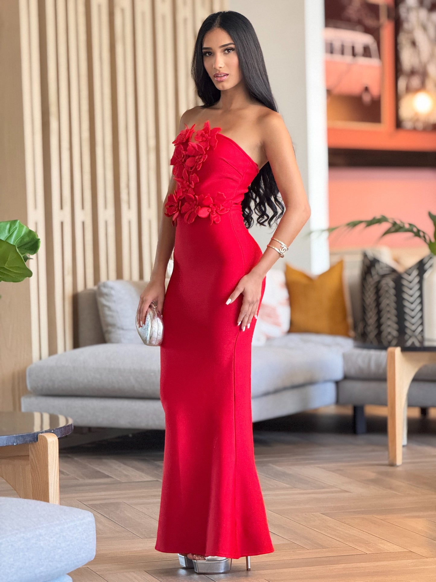 Rivera Red Floral Bandage Dress Gala