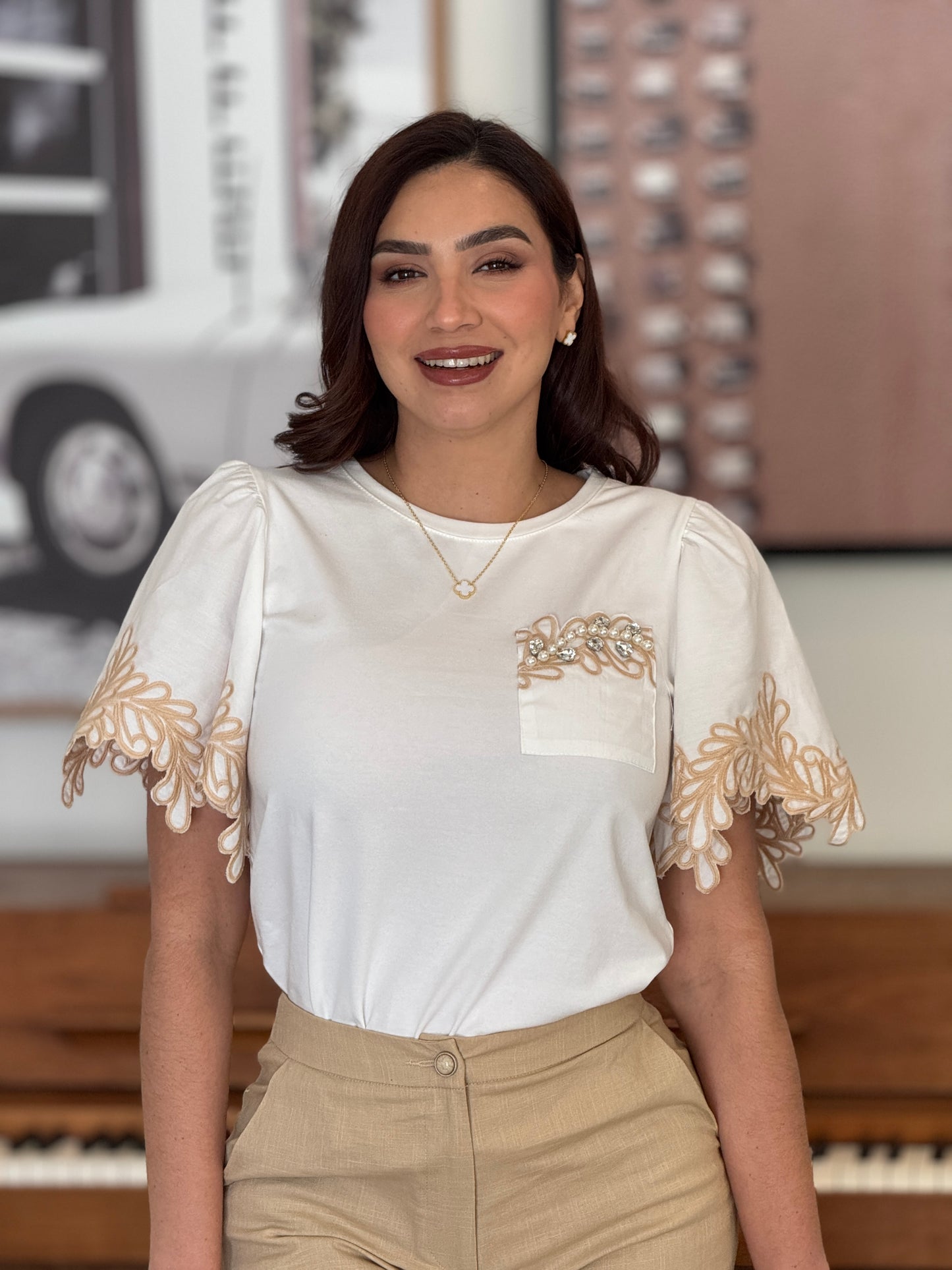 Pastel White/Beige Embroidery T-Shirt