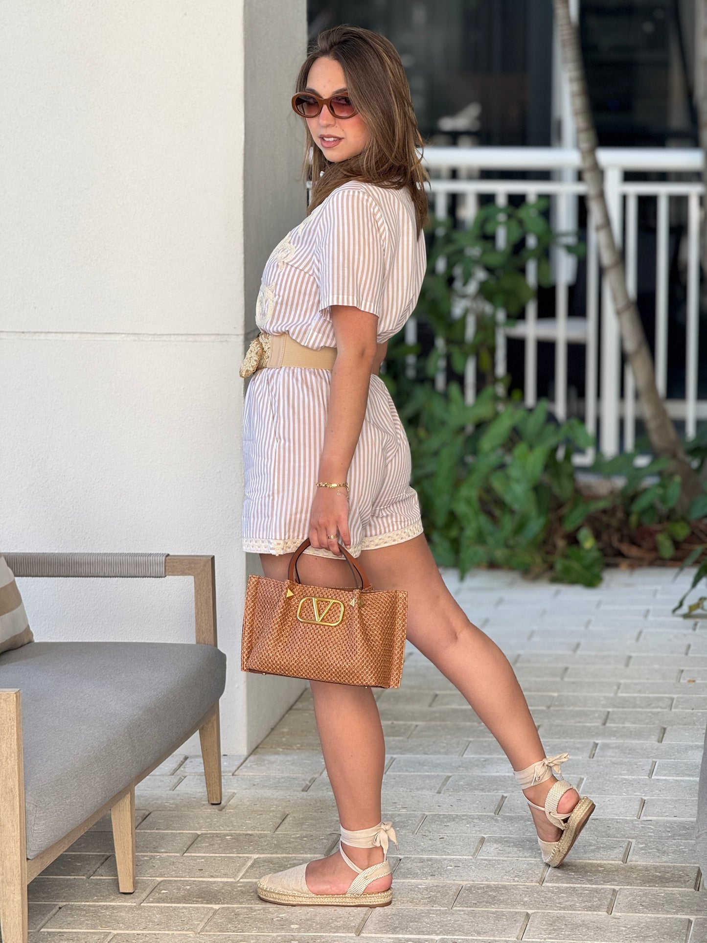 Tania Beige Lines Embroidery Short Set