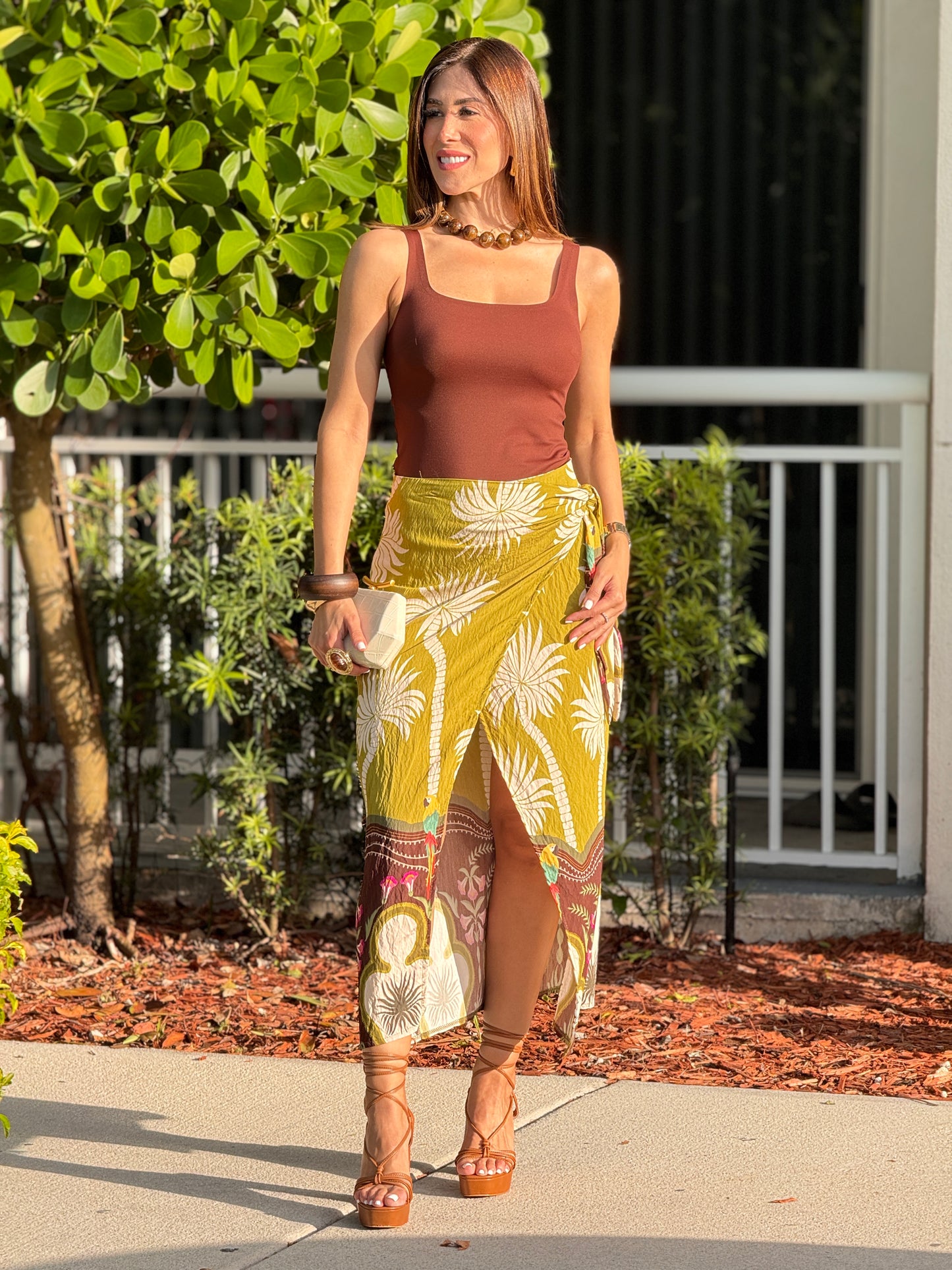 Palms Green/Brown Print Midi Skirt