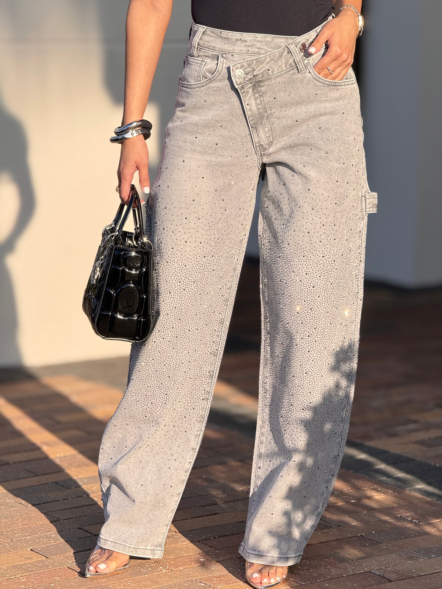 Jour Gray Rhinestone Barrel Jeans