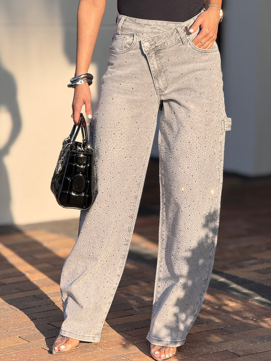 Jour Gray Rhinestone Barrel Jeans