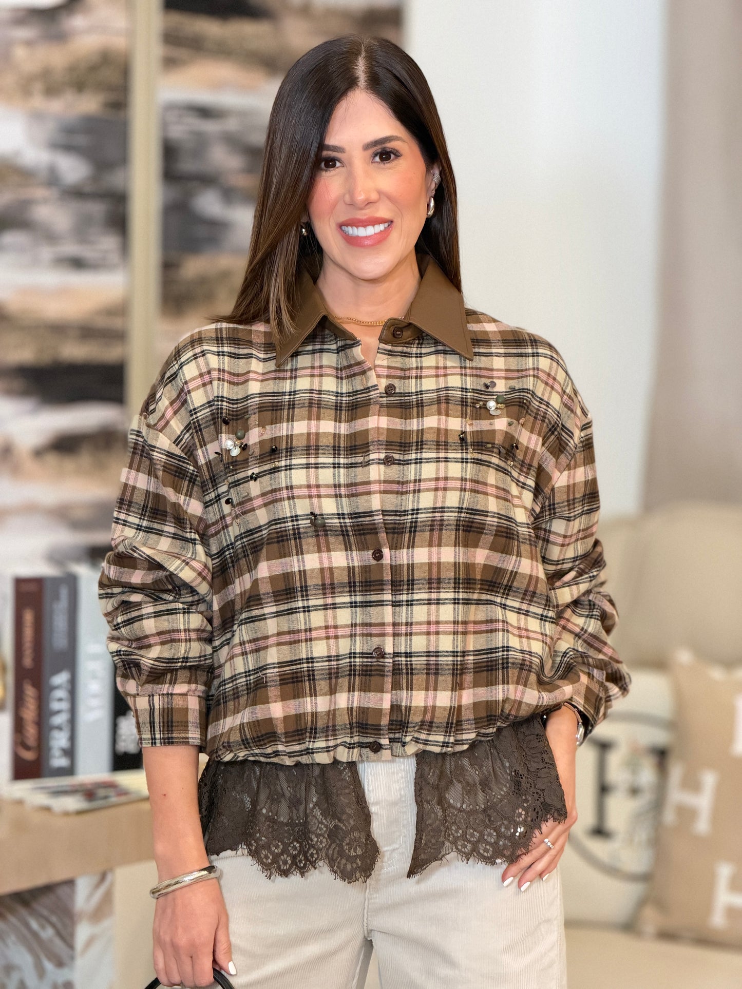 7671 Fp Brown Plaid Embellish Jacket Top