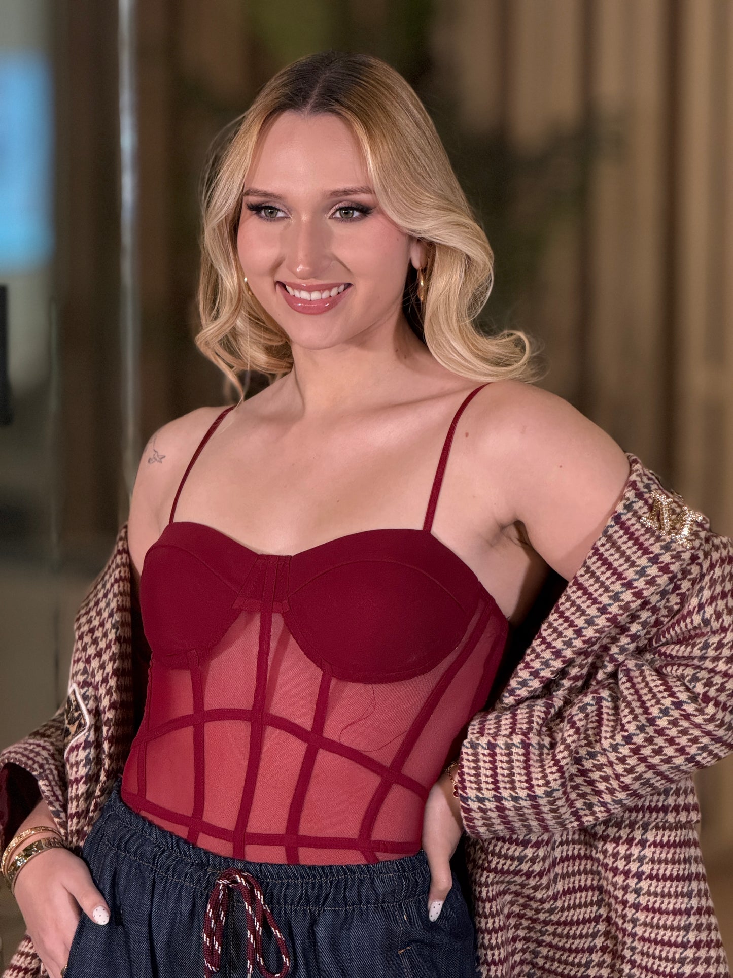 Kira Burgundy Mesh Bodysuit Top