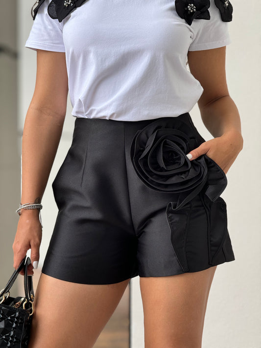 Norah Black 3D Flower Satin Shorts