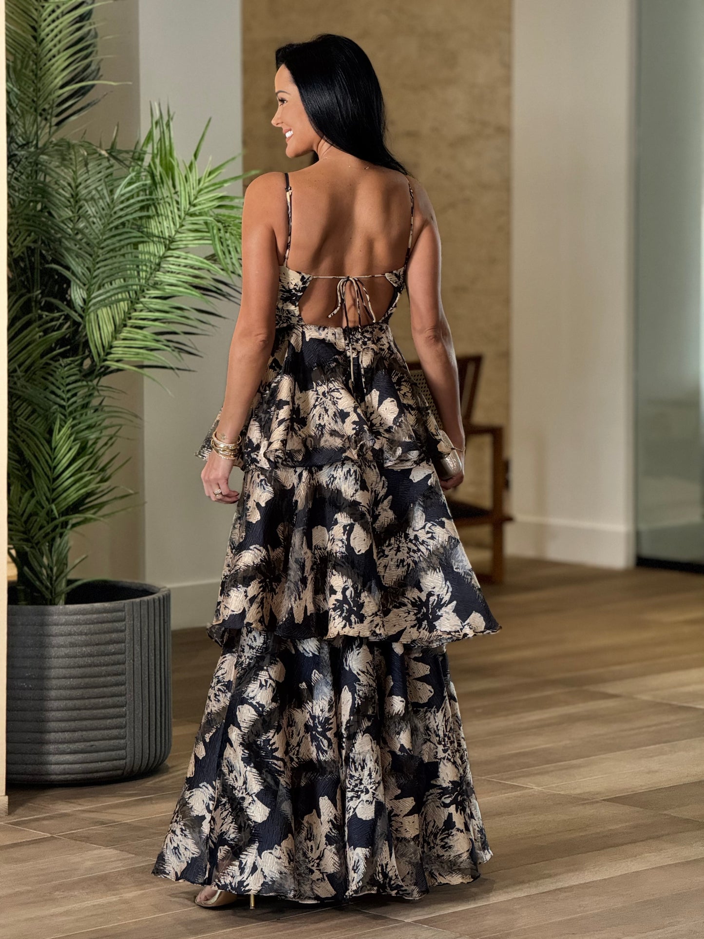 Norkys Floral Black/Gold Ruffle Dress Gala