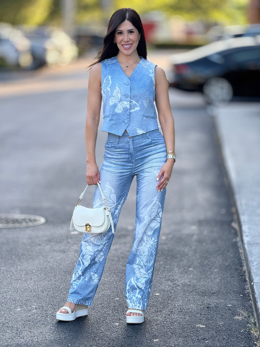 Ovianca Blue/White Butterfly Vest Set