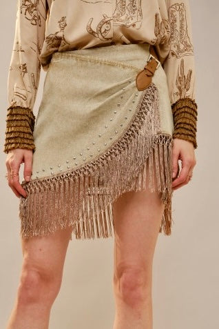 Claire Beige Denim Fringe Skirt